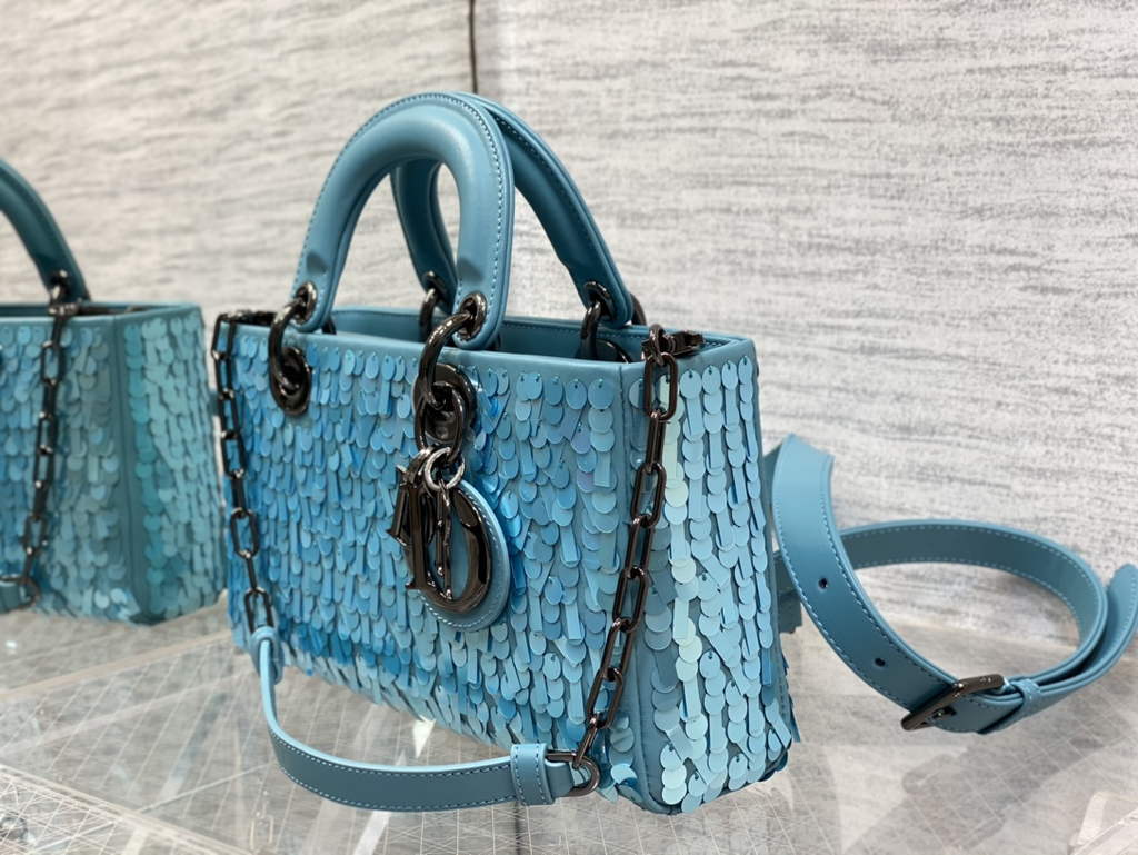 Dior M0540 Medium Lady D-Joy Bag Blue Sequinned Lambskin 