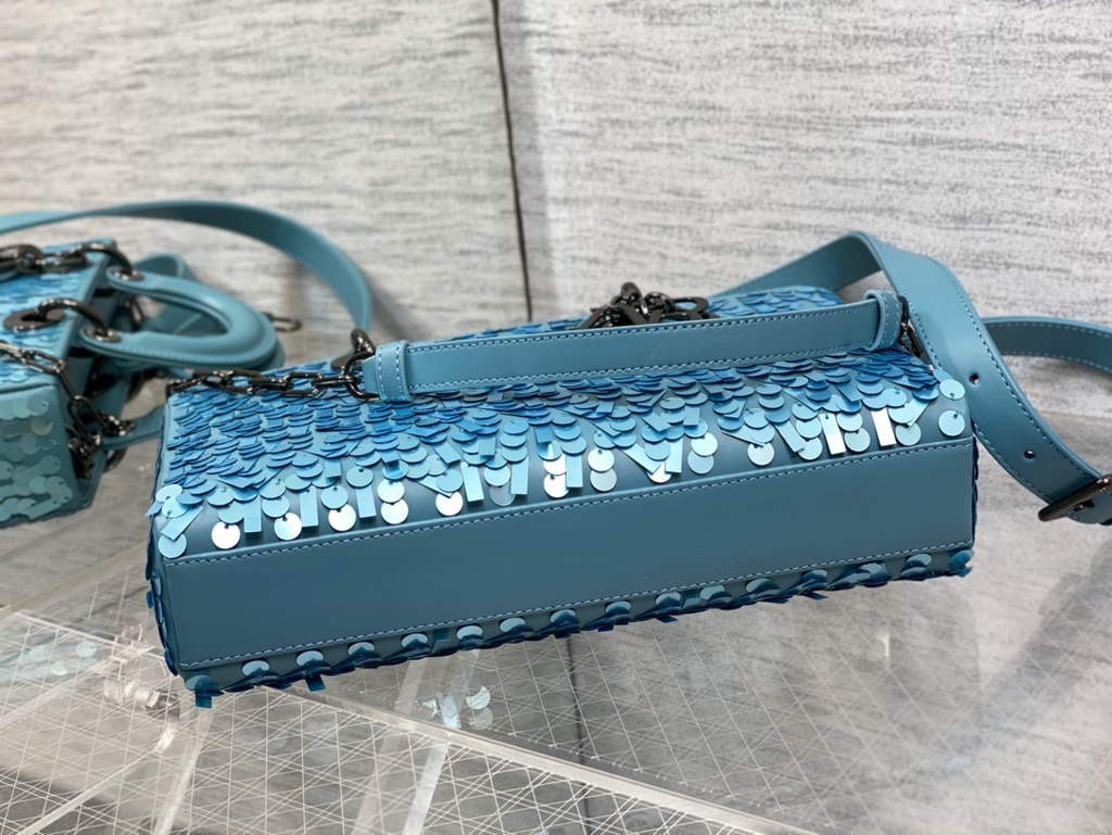Dior M0540 Medium Lady D-Joy Bag Blue Sequinned Lambskin 