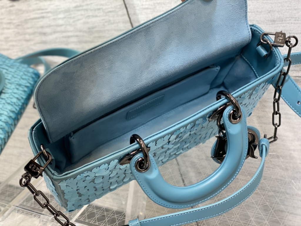 Dior M0540 Medium Lady D-Joy Bag Blue Sequinned Lambskin 