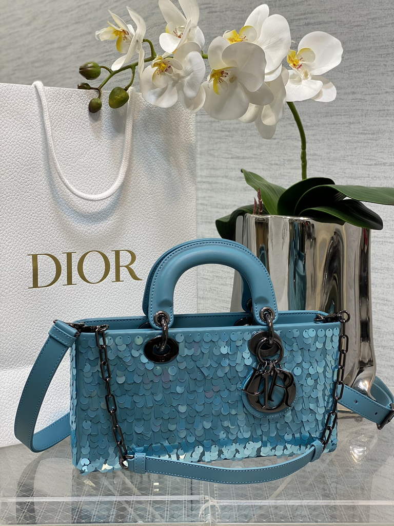 Dior M0540 Medium Lady D-Joy Bag Blue Sequinned Lambskin 