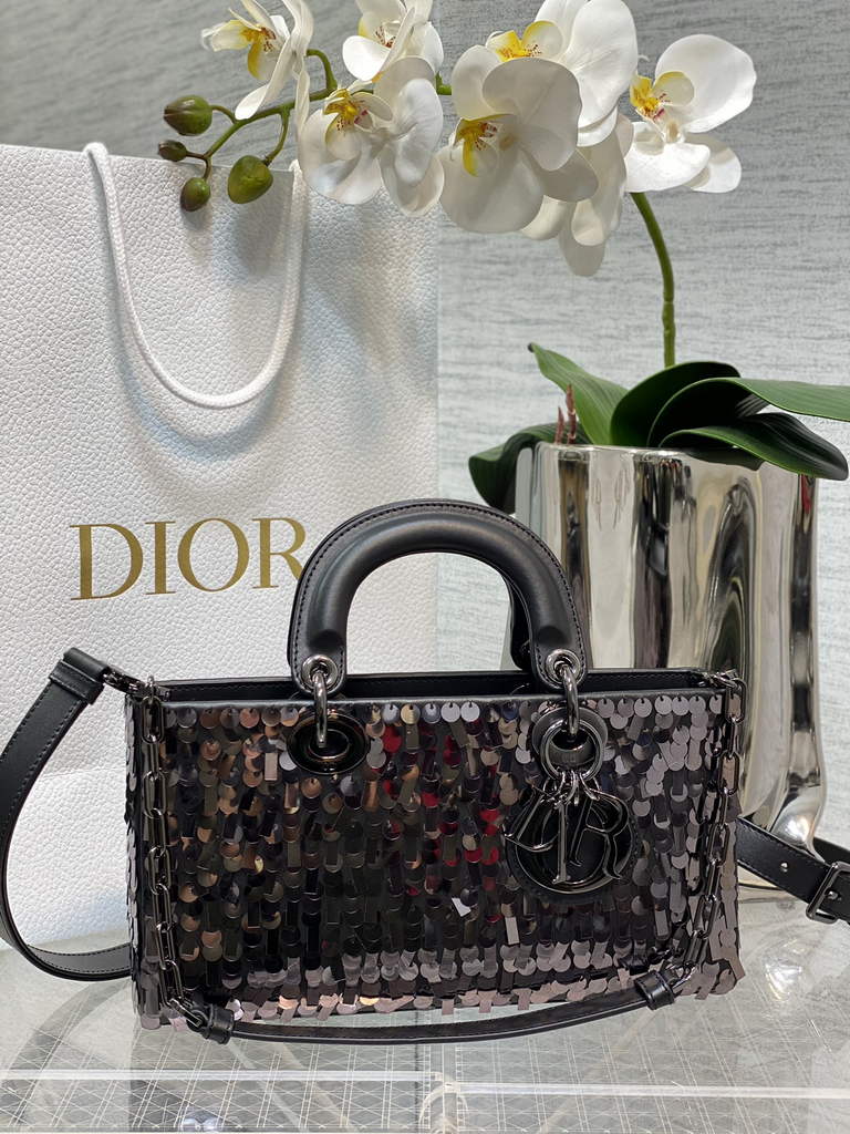 Dior M0540 Medium Lady D-Joy Bag Black Sequinned Lambskin 