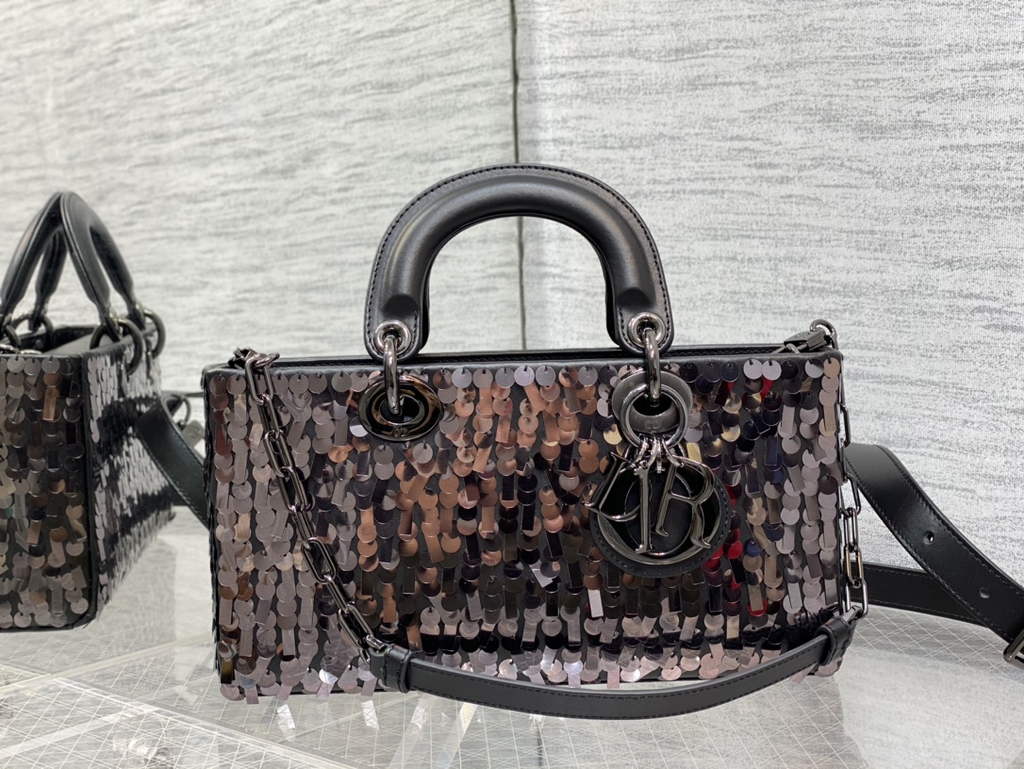 Dior M0540 Medium Lady D-Joy Bag Black Sequinned Lambskin 