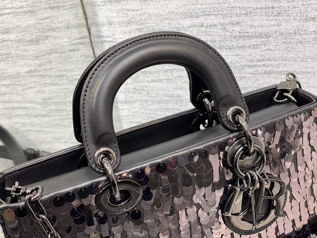 Dior M0540 Medium Lady D-Joy Bag Black Sequinned Lambskin 