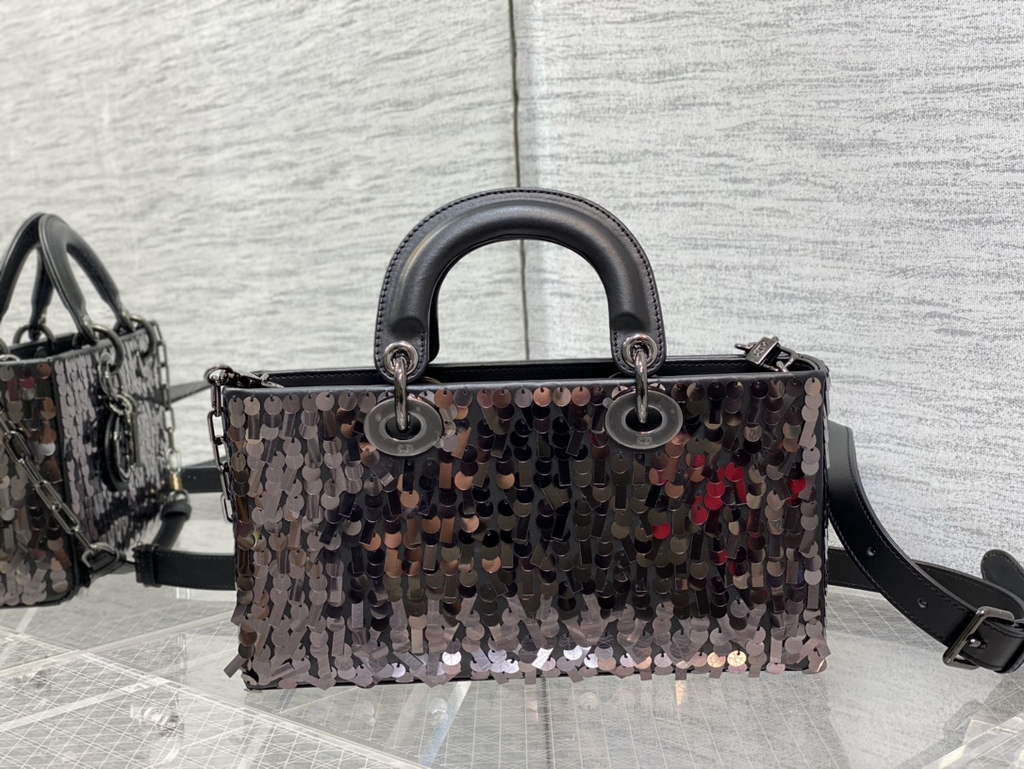 Dior M0540 Medium Lady D-Joy Bag Black Sequinned Lambskin 