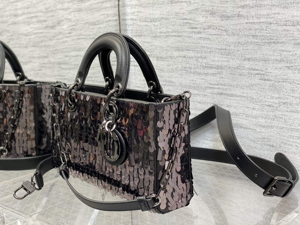 Dior M0540 Medium Lady D-Joy Bag Black Sequinned Lambskin 