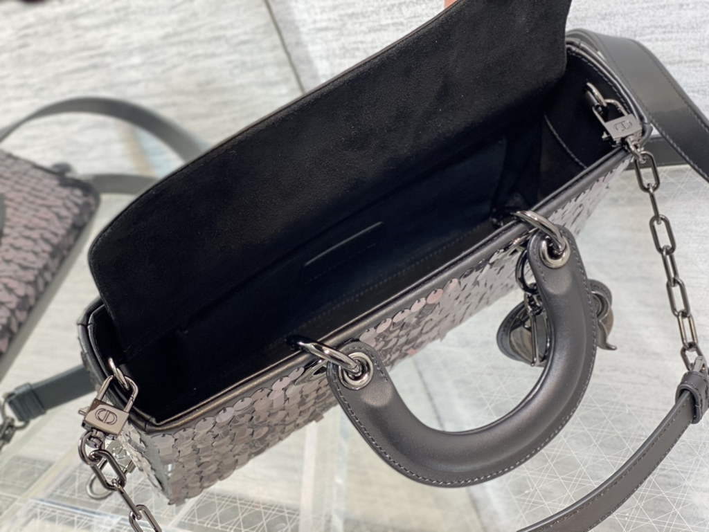 Dior M0540 Medium Lady D-Joy Bag Black Sequinned Lambskin 