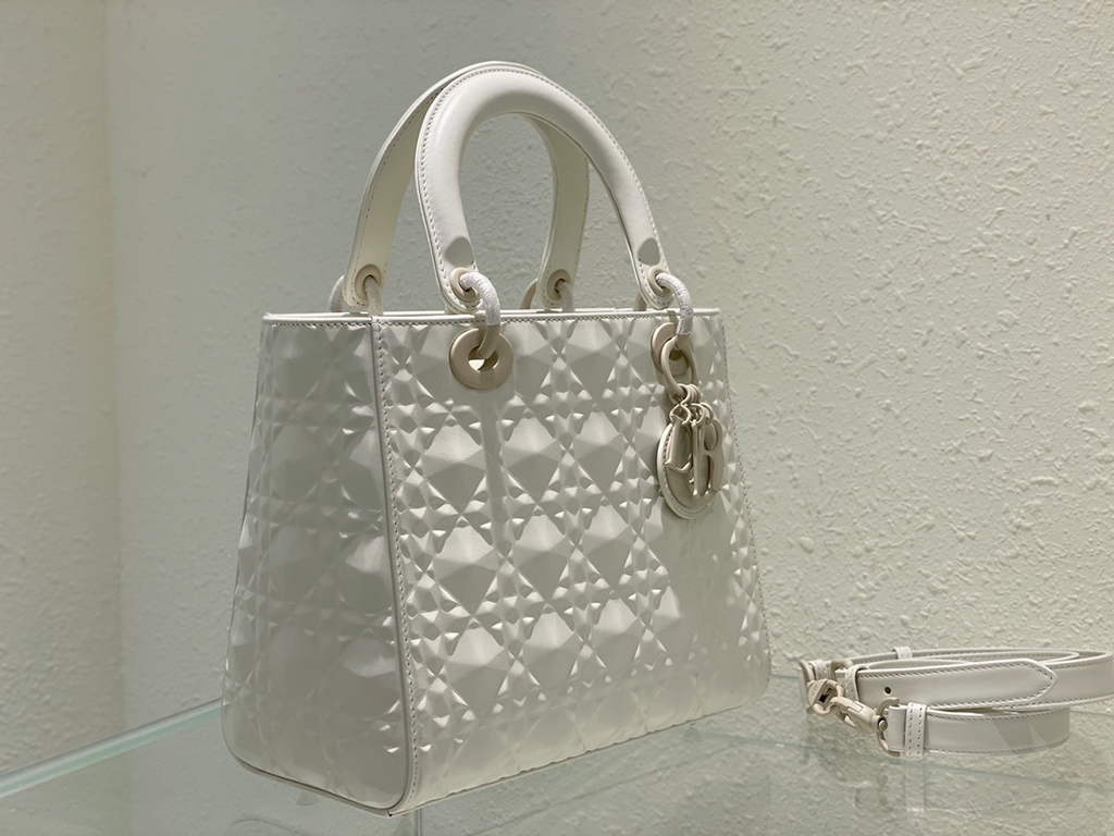 Dior M0565 Medium Lady Bag White Cannage Calfskin with Diamond Motif - Default Title - View 3