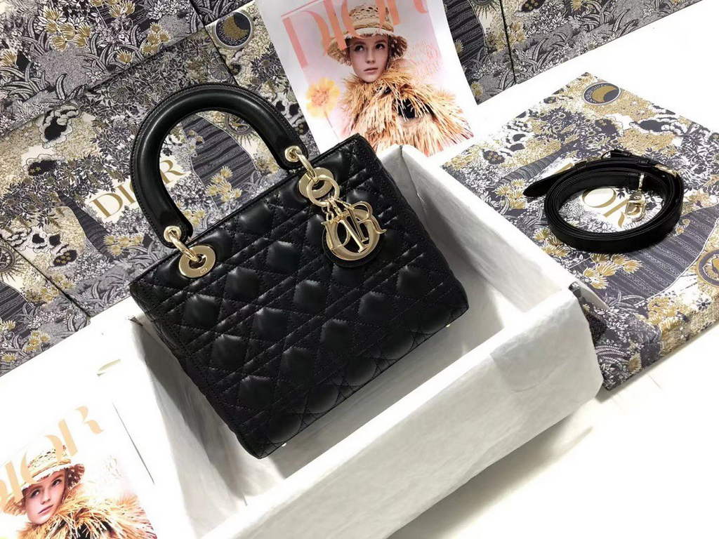 Dior M0565 Medium Lady Bag Cannage Lambskin Black Gold - Default Title - View 1