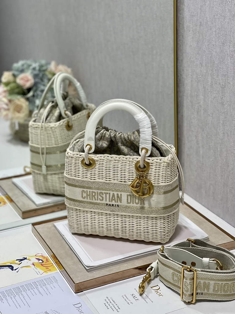 Dior M0565 Medium Lady Bag Natural Wicker and Gold - Default Title - View 3