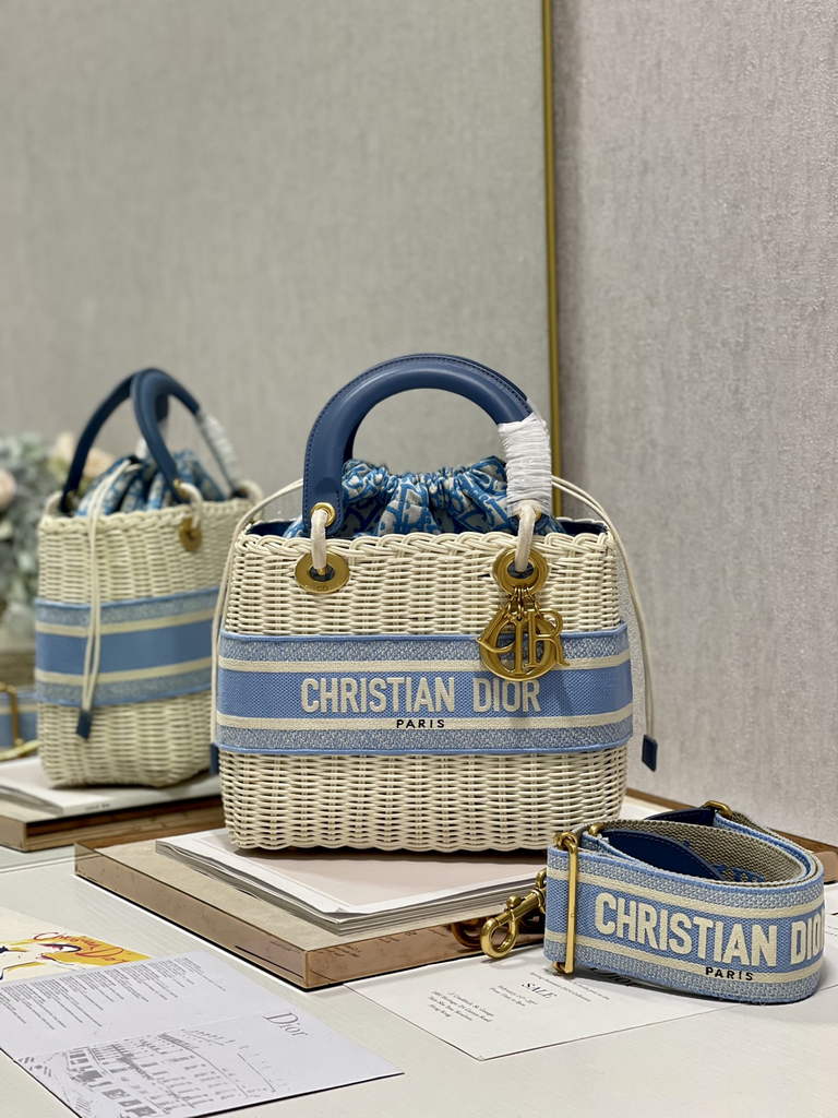 Dior M0565 Medium Lady Bag Natural Wicker and Light Blue - Default Title - View 2