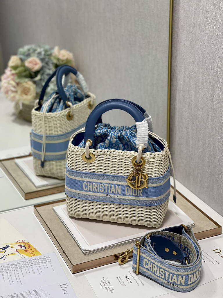 Dior M0565 Medium Lady Bag Natural Wicker and Light Blue - Default Title - View 3