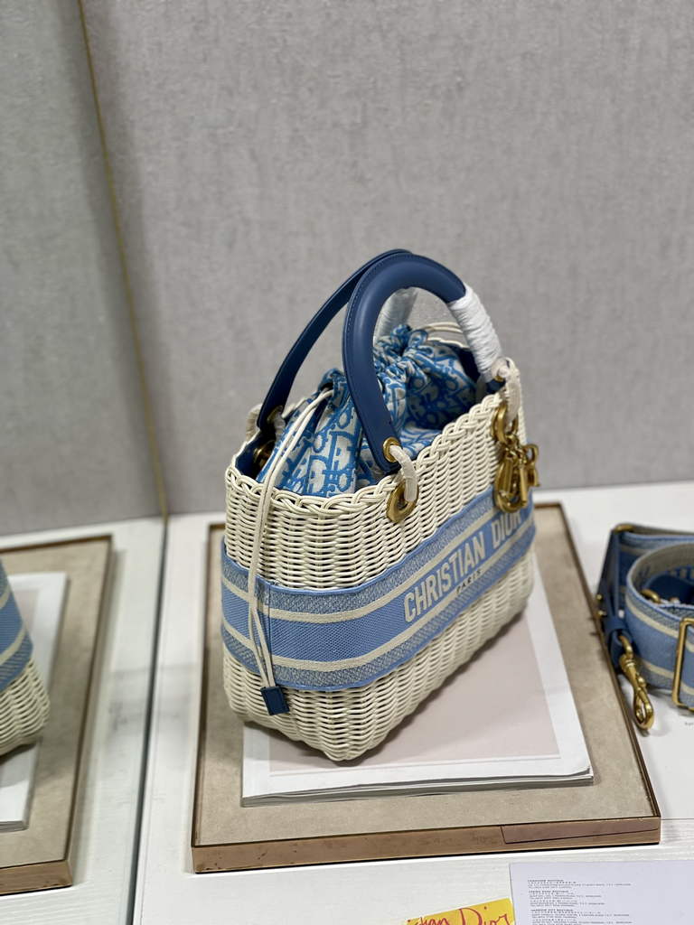 Dior M0565 Medium Lady Bag Natural Wicker and Light Blue - Default Title - View 4