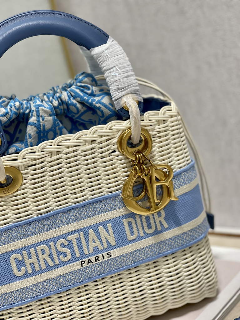 Dior M0565 Medium Lady Bag Natural Wicker and Light Blue - Default Title - View 5