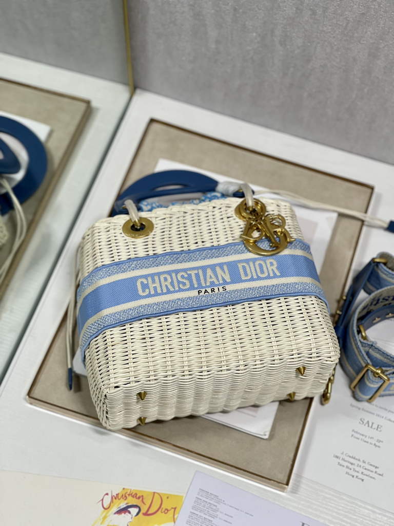 Dior M0565 Medium Lady Bag Natural Wicker and Light Blue - Default Title - View 6