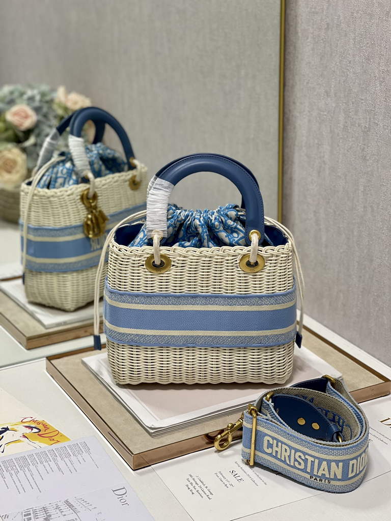 Dior M0565 Medium Lady Bag Natural Wicker and Light Blue - Default Title - View 7