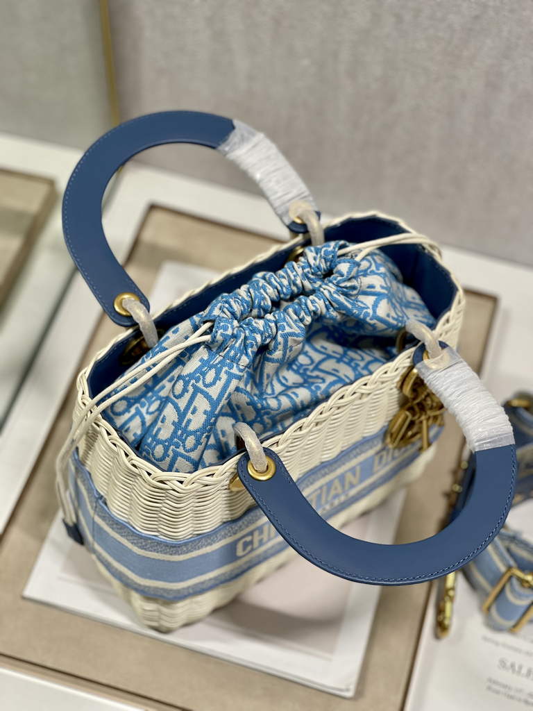 Dior M0565 Medium Lady Bag Natural Wicker and Light Blue - Default Title - View 8