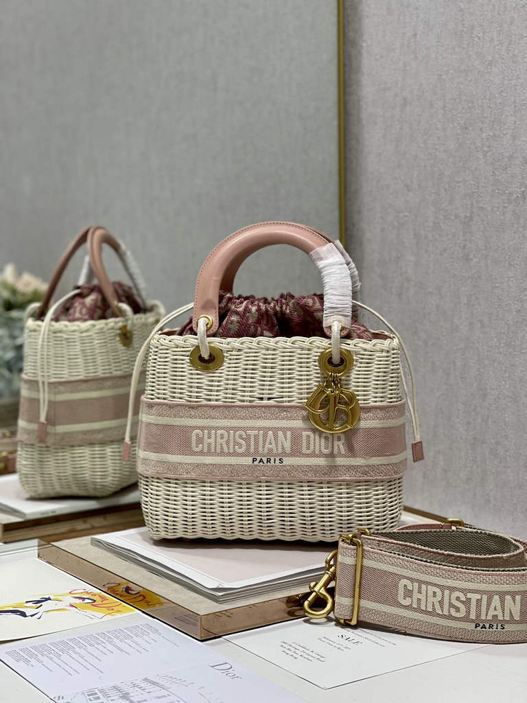Dior M0565 Medium Lady Bag Natural Wicker and Pink - Default Title - View 2