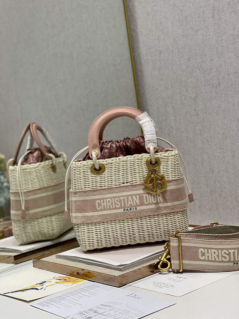 Dior M0565 Medium Lady Bag Natural Wicker and Pink - Default Title - View 3
