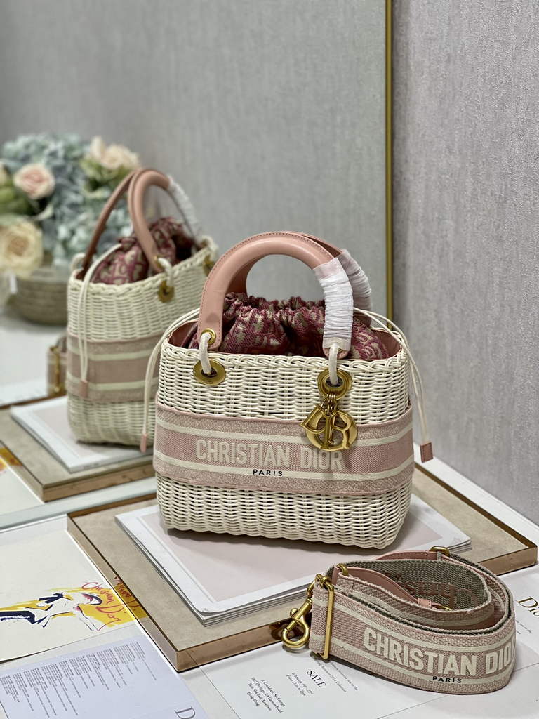 Dior M0565 Medium Lady Bag Natural Wicker and Pink - Default Title - View 4