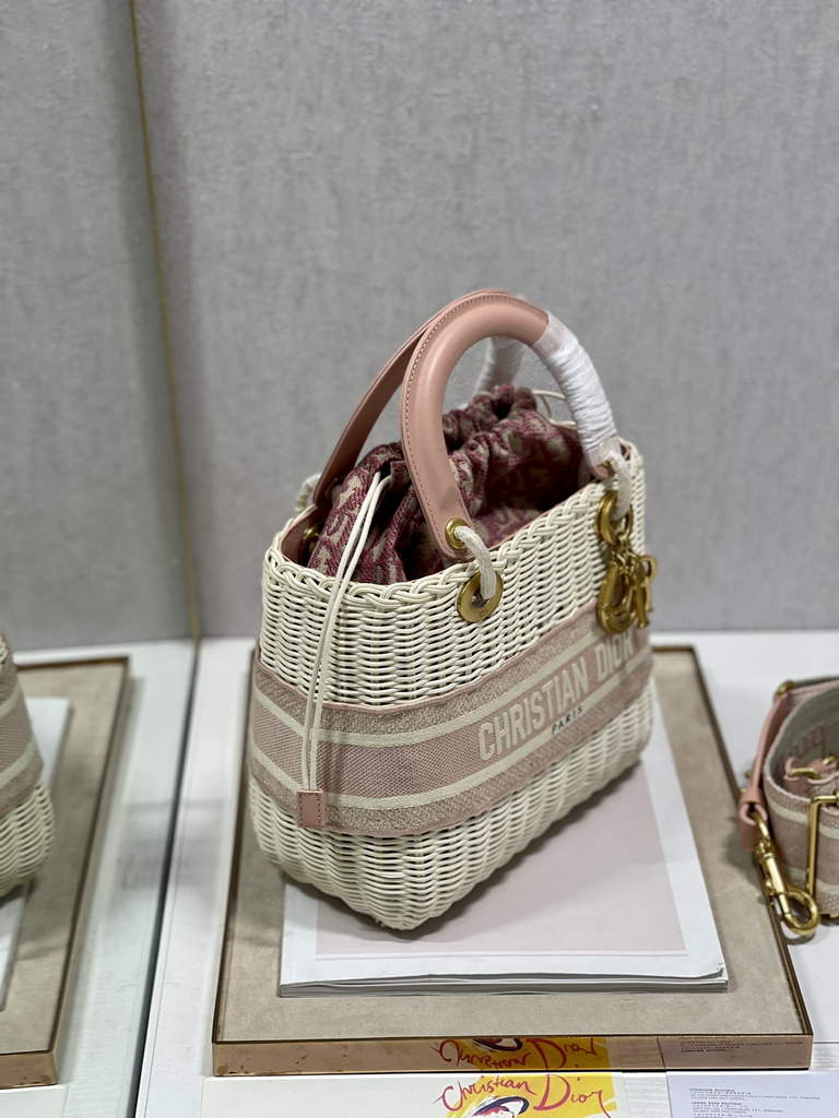 Dior M0565 Medium Lady Bag Natural Wicker and Pink - Default Title - View 5