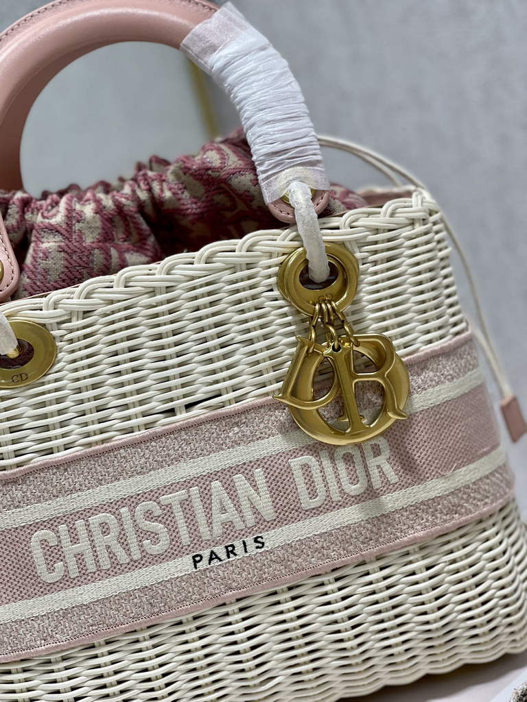 Dior M0565 Medium Lady Bag Natural Wicker and Pink - Default Title - View 6