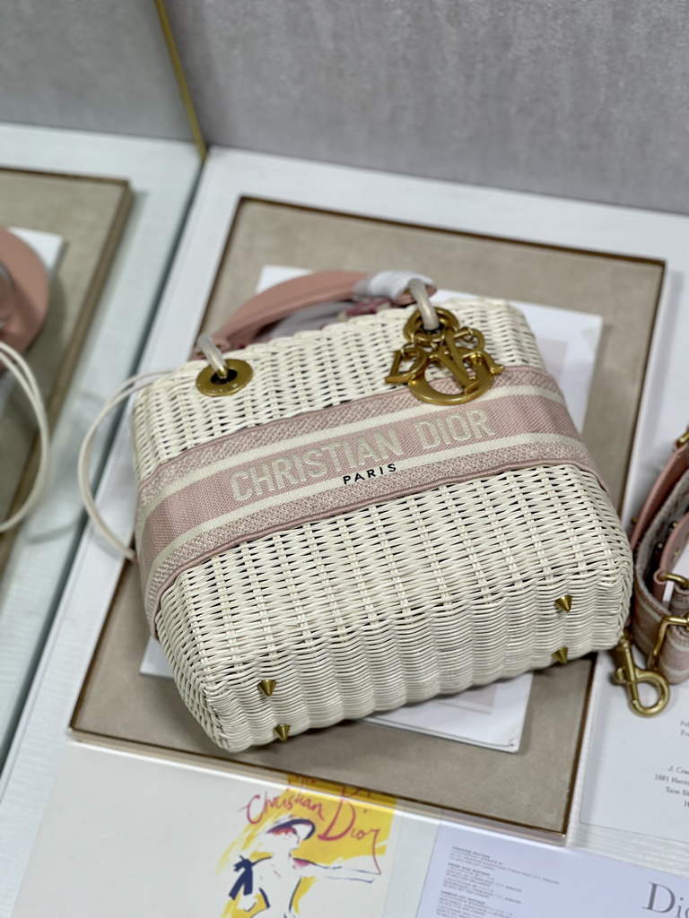 Dior M0565 Medium Lady Bag Natural Wicker and Pink - Default Title - View 7