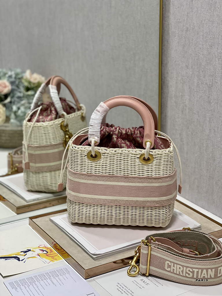 Dior M0565 Medium Lady Bag Natural Wicker and Pink - Default Title - View 8