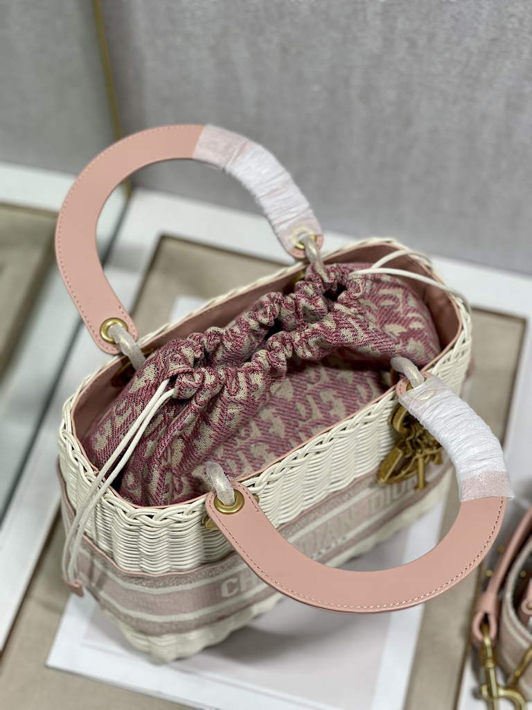 Dior M0565 Medium Lady Bag Natural Wicker and Pink - Default Title - View 9