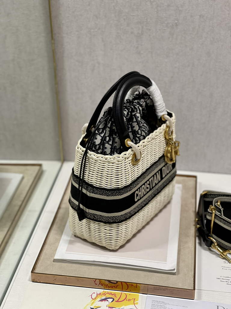 Dior M0565 Medium Lady Bag Natural Wicker and Blue Oblique Jacquard - Default Title - View 3