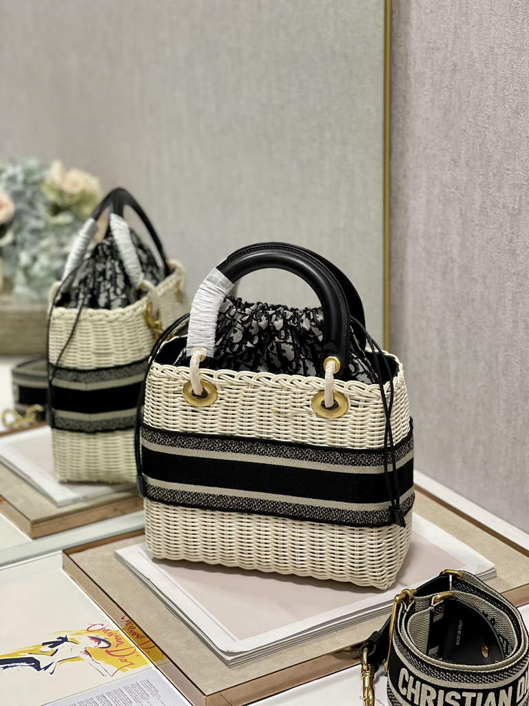 Dior M0565 Medium Lady Bag Natural Wicker and Blue Oblique Jacquard - Default Title - View 4