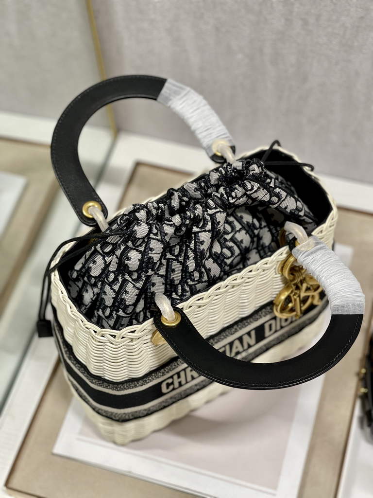 Dior M0565 Medium Lady Bag Natural Wicker and Blue Oblique Jacquard - Default Title - View 5