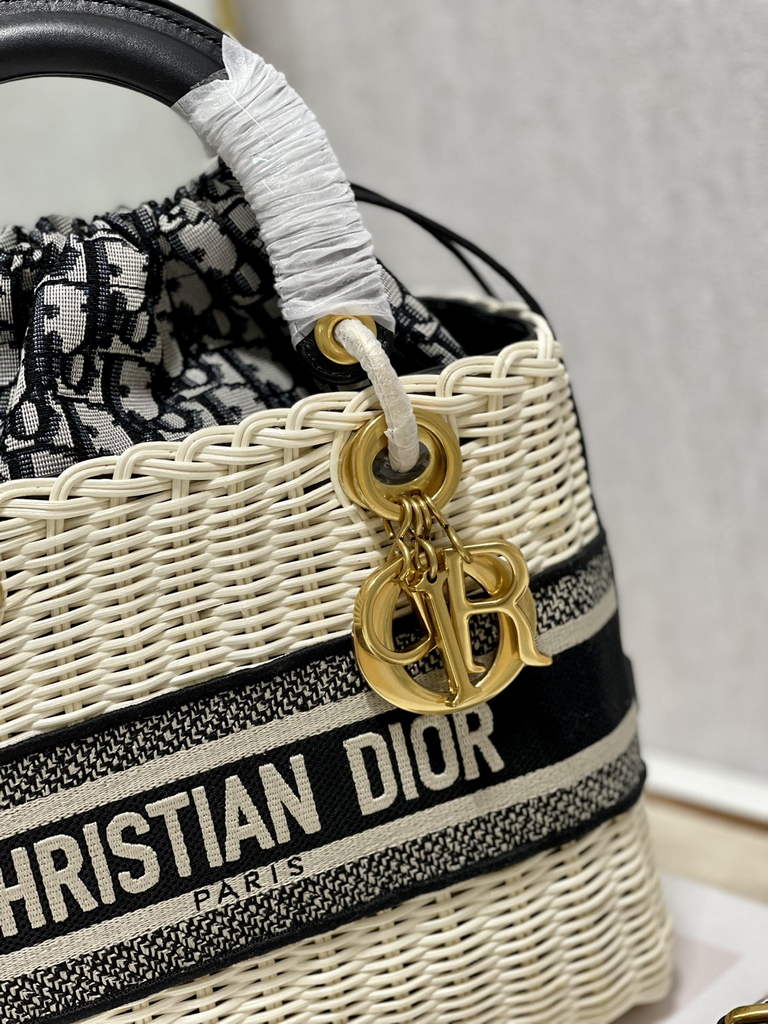 Dior M0565 Medium Lady Bag Natural Wicker and Blue Oblique Jacquard - Default Title - View 6