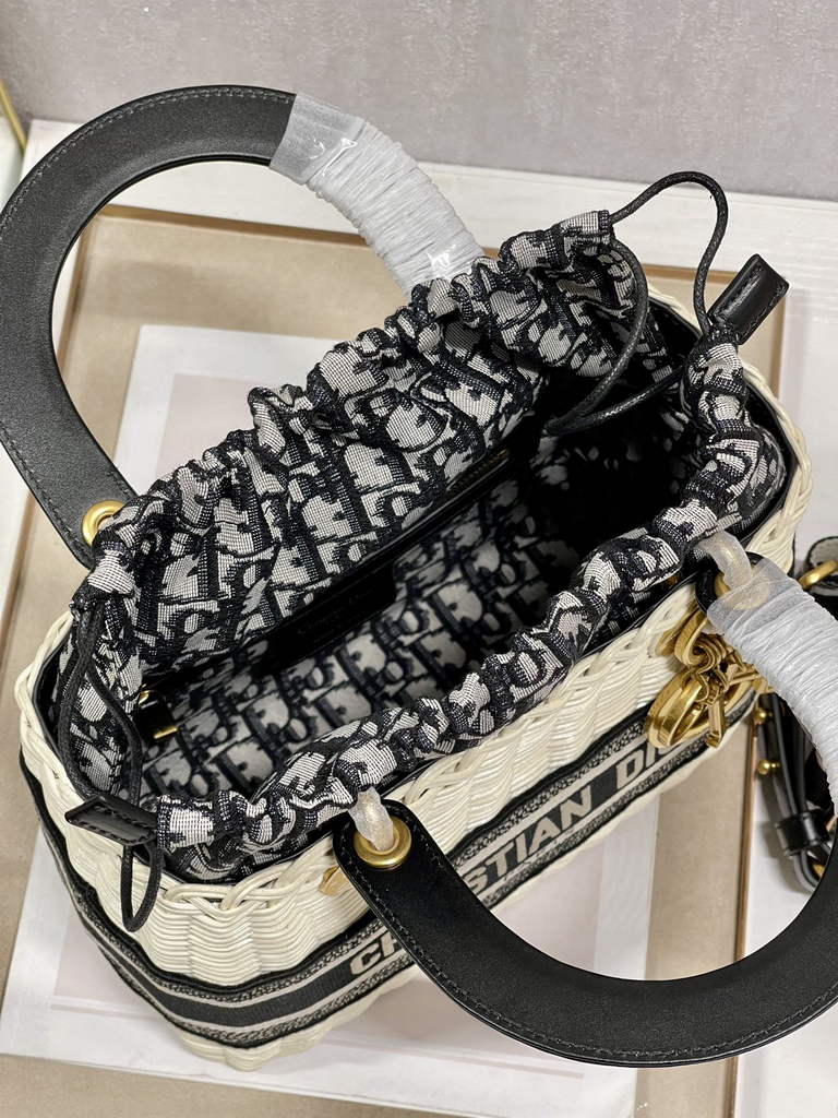 Dior M0565 Medium Lady Bag Natural Wicker and Blue Oblique Jacquard - Default Title - View 8