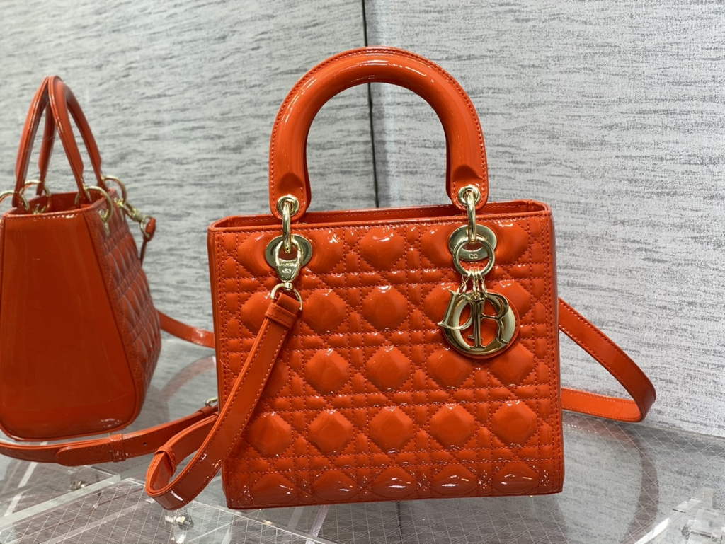 Dior M0565 Medium Lady Bag Orange Patent Cannage Calfskin Gold - Default Title - View 2