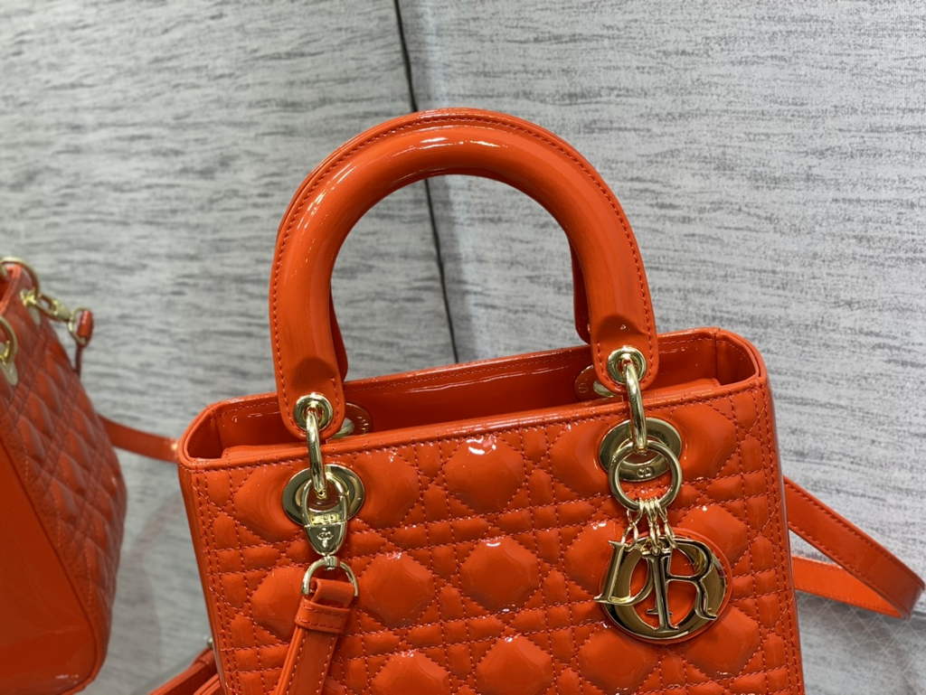Dior M0565 Medium Lady Bag Orange Patent Cannage Calfskin Gold - Default Title - View 3