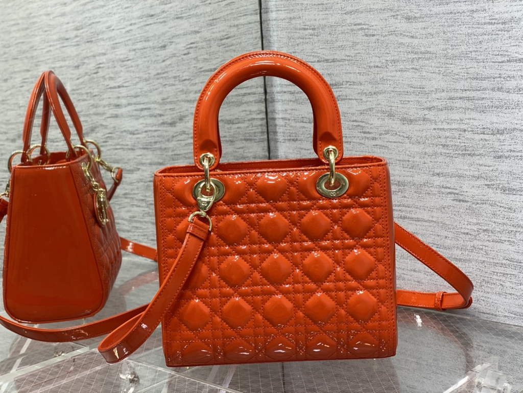 Dior M0565 Medium Lady Bag Orange Patent Cannage Calfskin Gold - Default Title - View 5