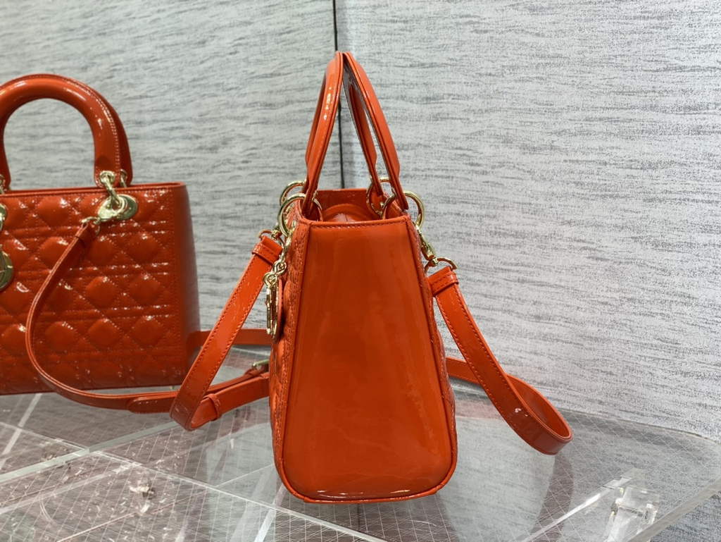 Dior M0565 Medium Lady Bag Orange Patent Cannage Calfskin Gold - Default Title - View 6