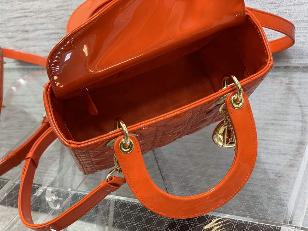 Dior M0565 Medium Lady Bag Orange Patent Cannage Calfskin Gold - Default Title - View 8