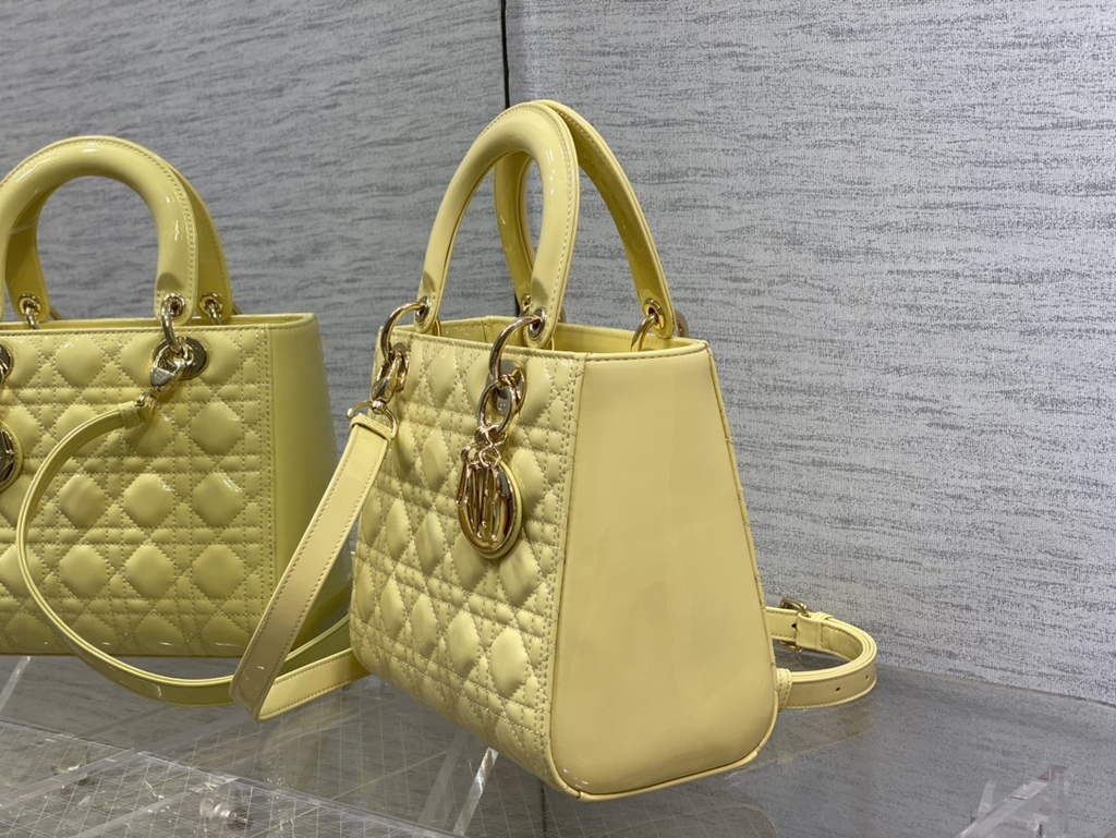 Dior M0565 Medium Lady Bag Yellow Patent Cannage Calfskin Gold - Default Title - View 5