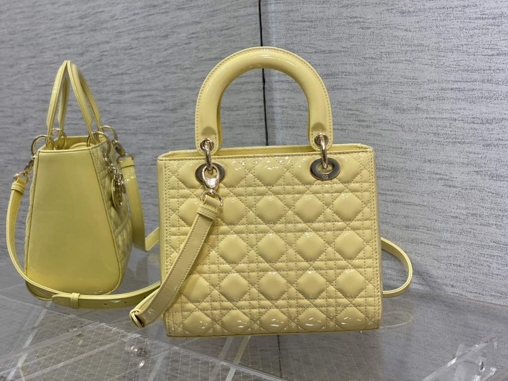 Dior M0565 Medium Lady Bag Yellow Patent Cannage Calfskin Gold - Default Title - View 6