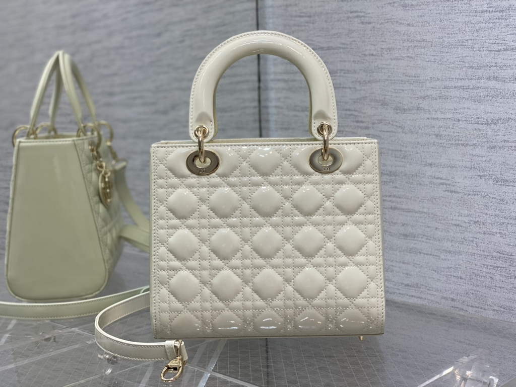Dior M0565 Medium Lady Bag White Patent Cannage Calfskin Gold - Default Title - View 6