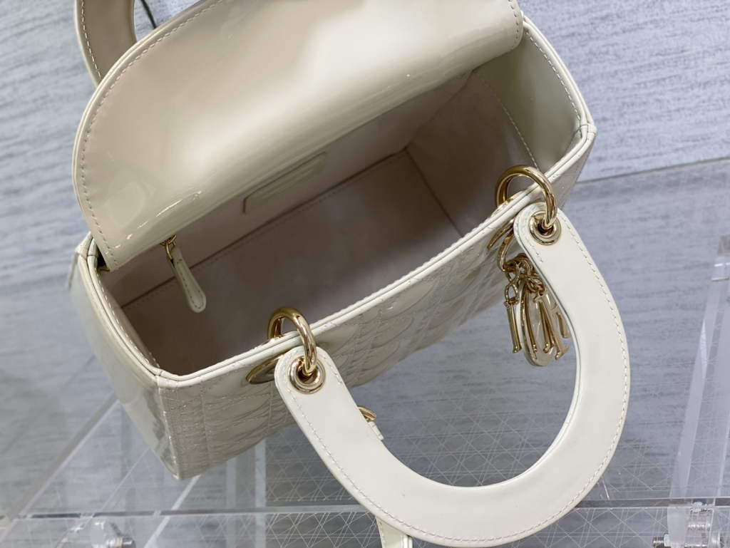 Dior M0565 Medium Lady Bag White Patent Cannage Calfskin Gold - Default Title - View 8