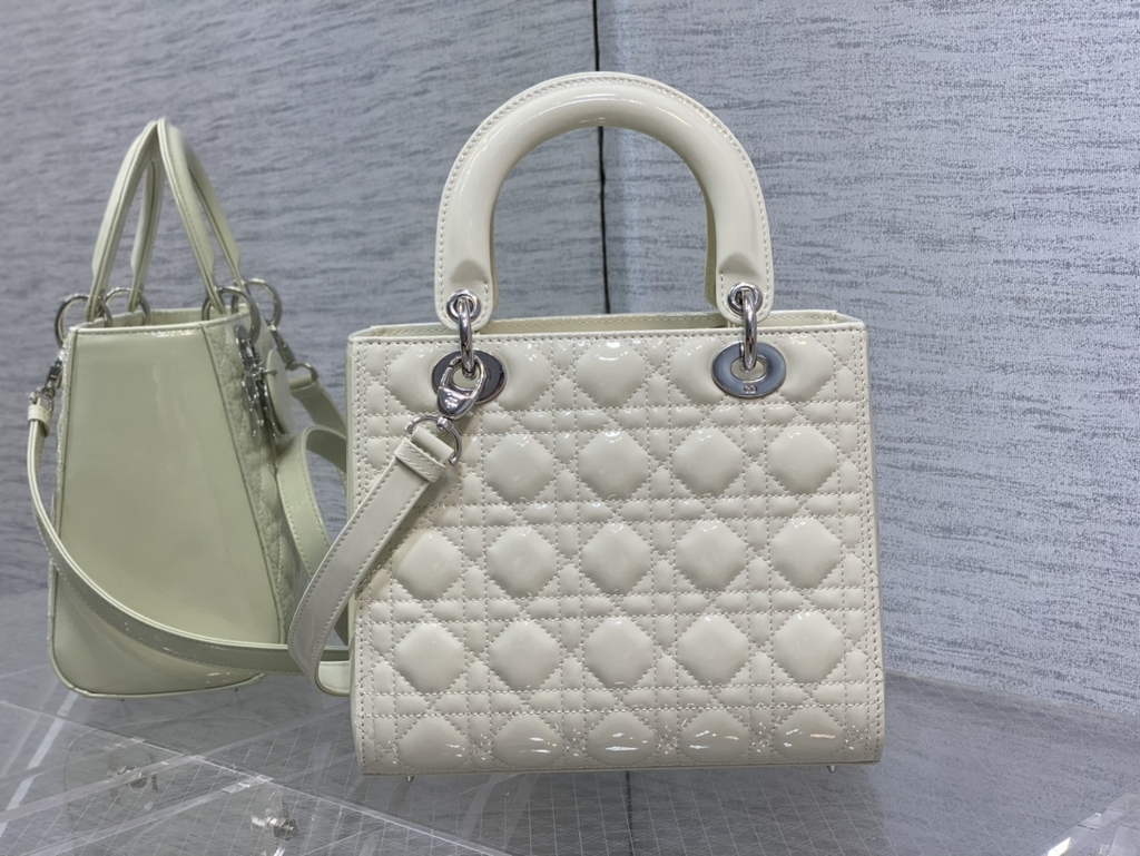 Dior M0565 Medium Lady Bag White Patent Cannage Calfskin Silver - Default Title - View 5