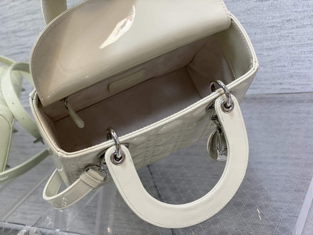 Dior M0565 Medium Lady Bag White Patent Cannage Calfskin Silver - Default Title - View 8
