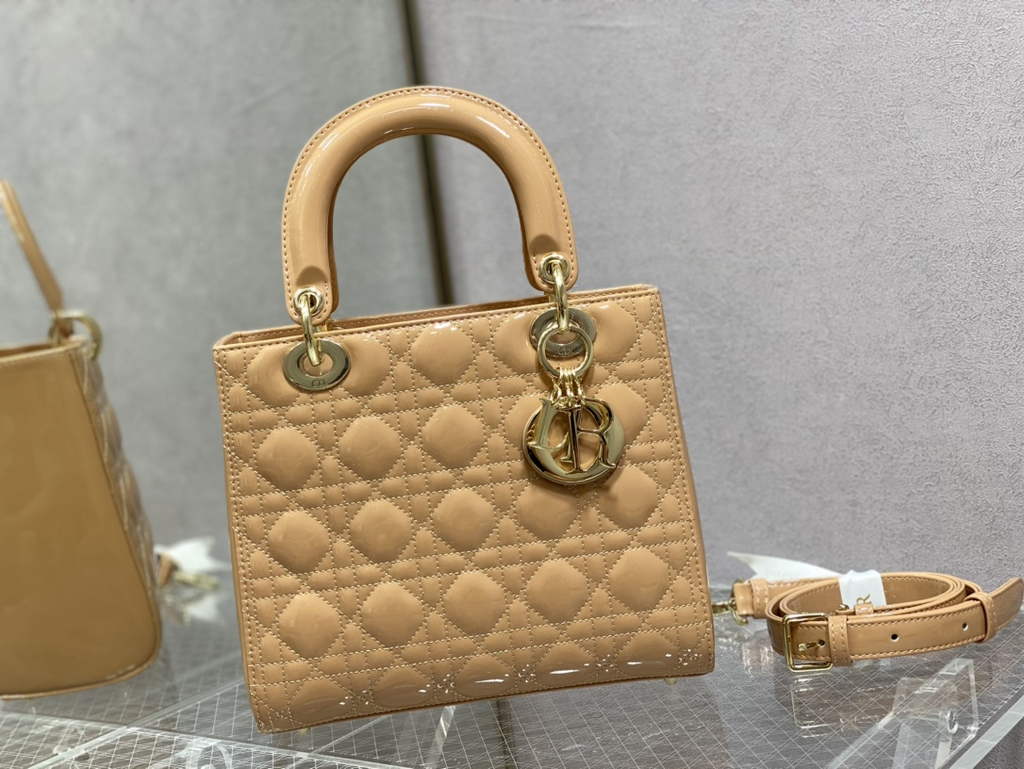 Dior M0565 Medium Lady Bag dark beige Patent Cannage Calfskin Gold - Default Title - View 6
