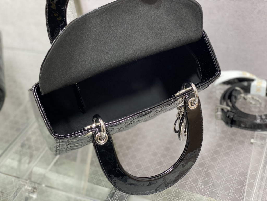 Dior M0565 Medium Lady Bag Black Patent Cannage Calfskin Silver - Default Title - View 8