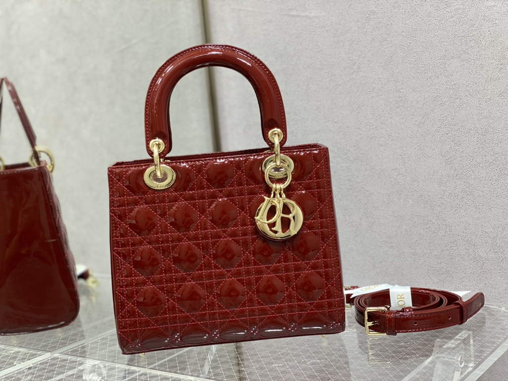 Dior M0565 Medium Lady Bag dark red Patent Cannage Calfskin - Default Title - View 2