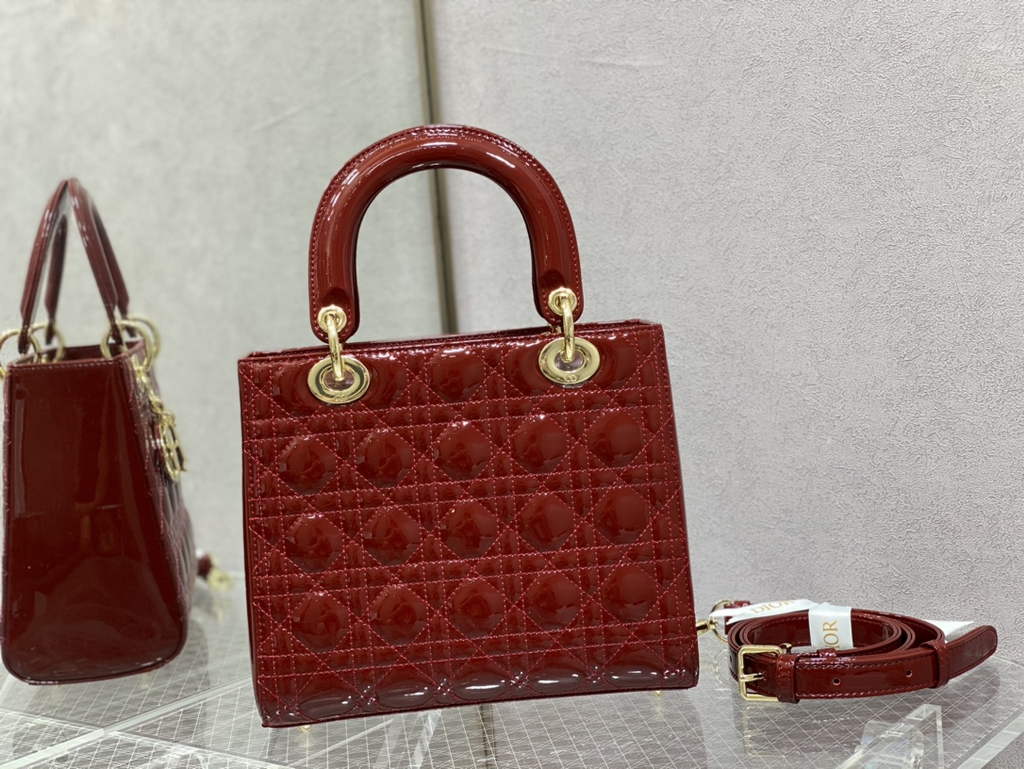 Dior M0565 Medium Lady Bag dark red Patent Cannage Calfskin - Default Title - View 3
