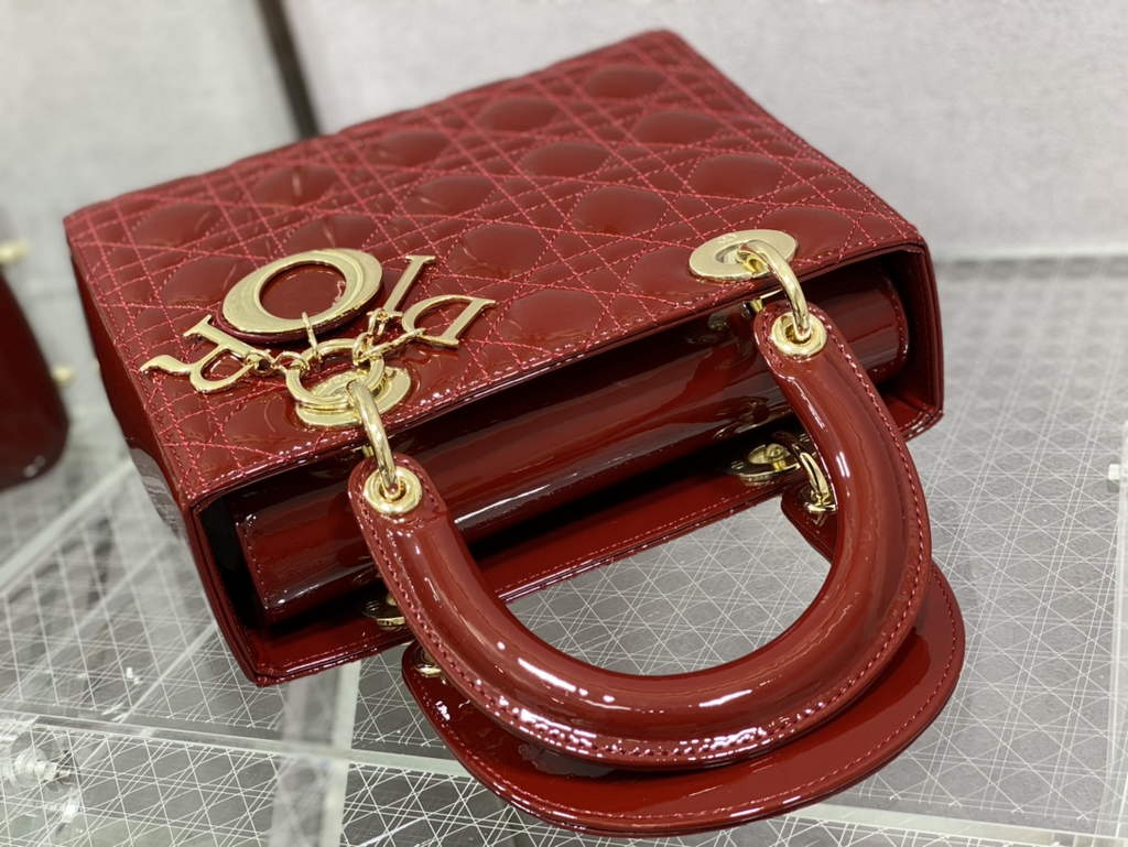 Dior M0565 Medium Lady Bag dark red Patent Cannage Calfskin - Default Title - View 6