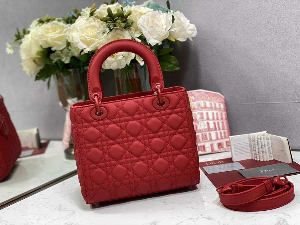 Dior M0565 Medium Lady Bag Red Ultramatte Cannage Calfskin - Default Title - View 4